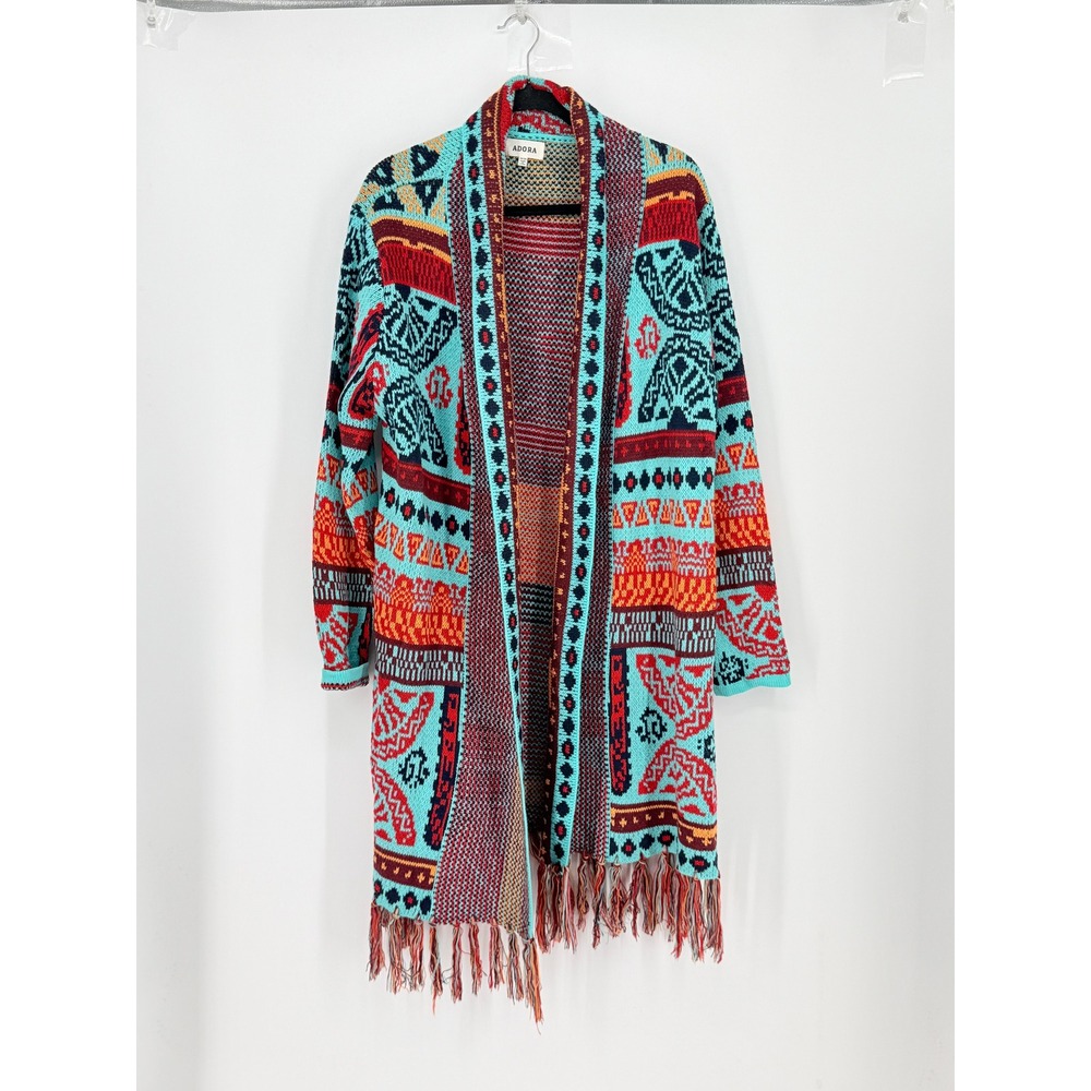 Womens Southwestern Aztec Fringe Duster Cardigan Open Front Boho West Size 2X 3X